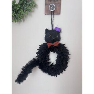 NWT World Market Black Cat Oval Wood Curl Wreath Halloween Decor